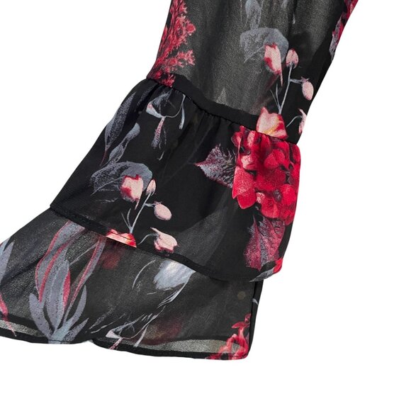 Romantic Sheer Floral Blouse Black Red Long Sleeve Ruffle Top Cottagecore - Picture 7 of 9